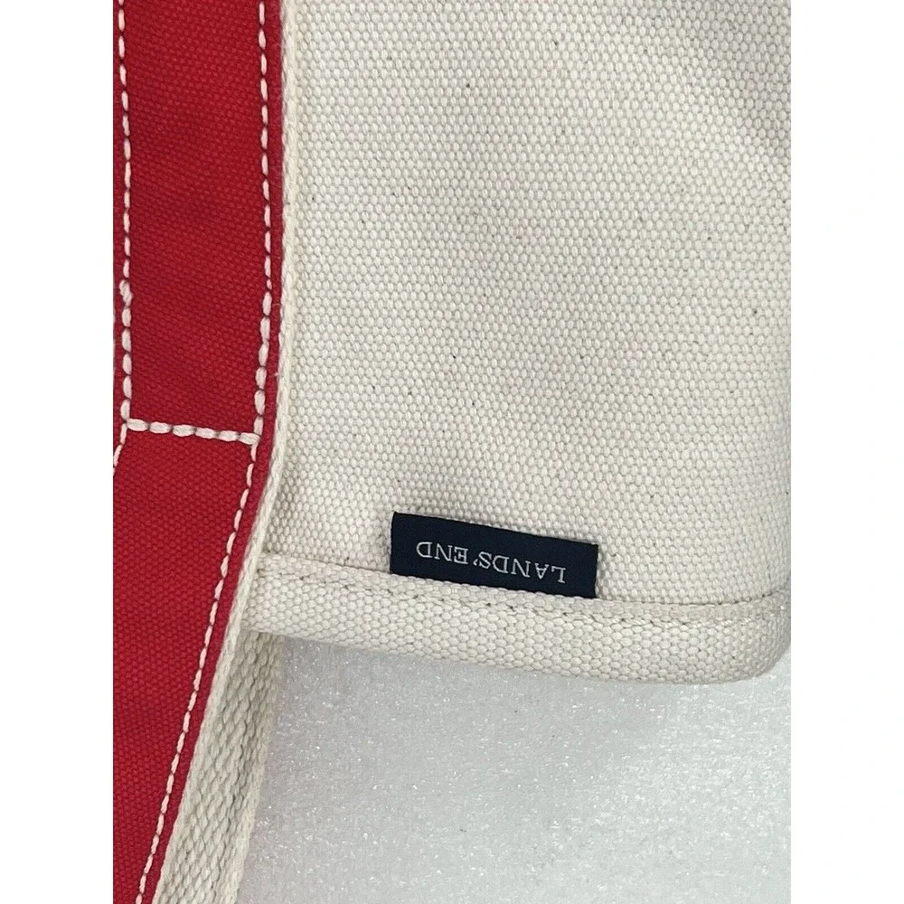 Lands End Open Top Med Natural Canvas Tote Red Trim EUC